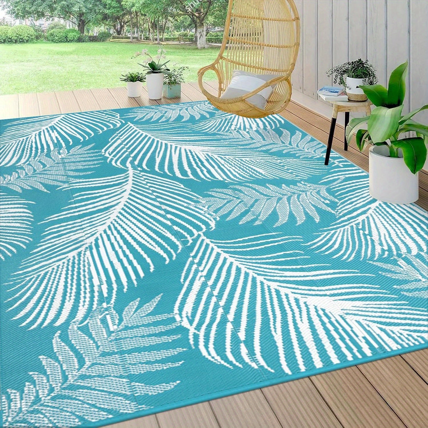 Durable Outdoor Mat That Is, Featuring a Reversible Design Made from Plastic Straw, Suitable for Patios, Camping, And Indoor Use in Rvs, Decks, Porches, Balconies, Backyards, And Picnics, in a Teal Leaf Pattern