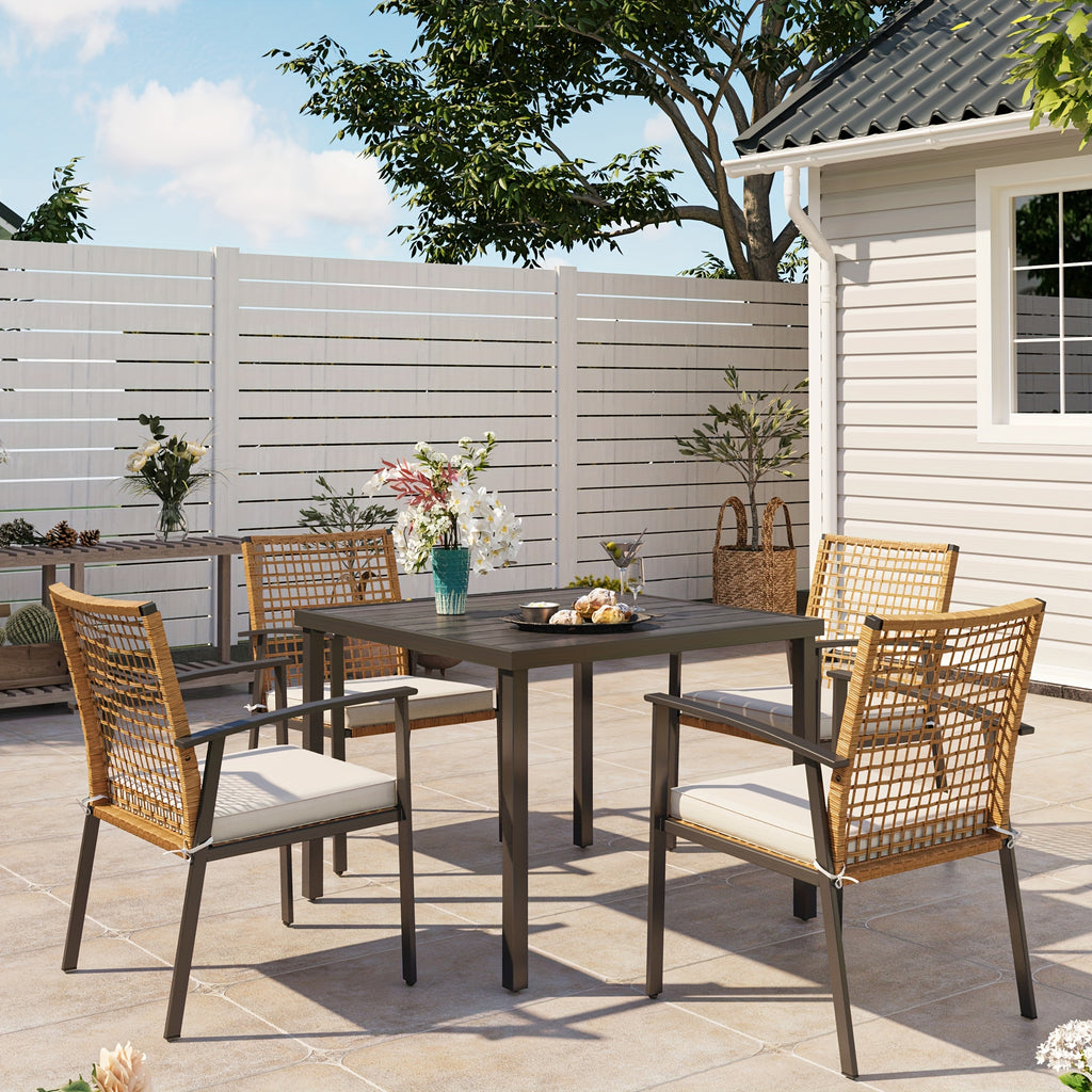 LAUSAINT HOME 5 Pieces Outdoor Patio Dining Set, Wicker Patio Furniture Set of 4 Chairs with Soft Cushion and Square Table with Umbrella Hole, Conversation Set for Backyard, Garden and Poolside (outdoor only)