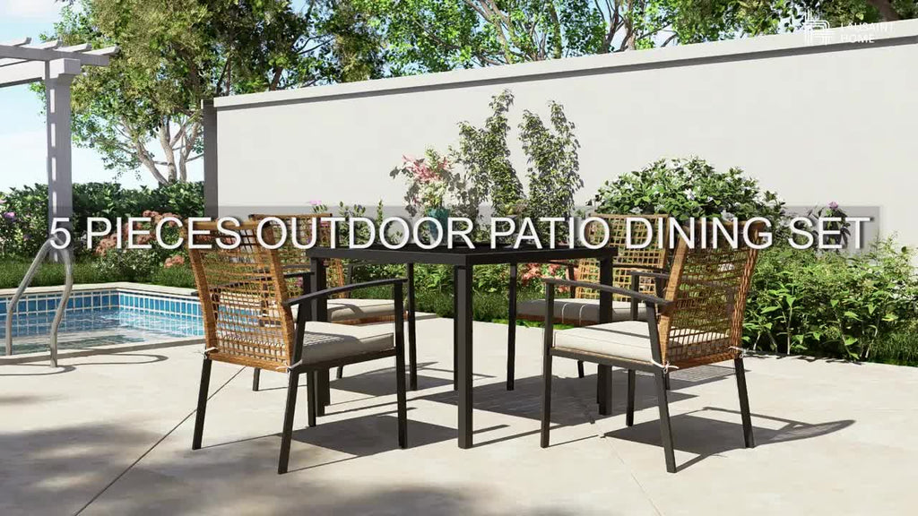 LAUSAINT HOME 5 Pieces Outdoor Patio Dining Set, Wicker Patio Furniture Set of 4 Chairs with Soft Cushion and Square Table with Umbrella Hole, Conversation Set for Backyard, Garden and Poolside (outdoor only)