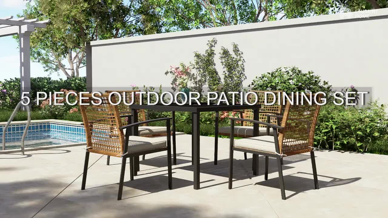 LAUSAINT HOME 5 Pieces Outdoor Patio Dining Set, Wicker Patio Furniture Set of 4 Chairs with Soft Cushion and Square Table with Umbrella Hole, Conversation Set for Backyard, Garden and Poolside (outdoor only)