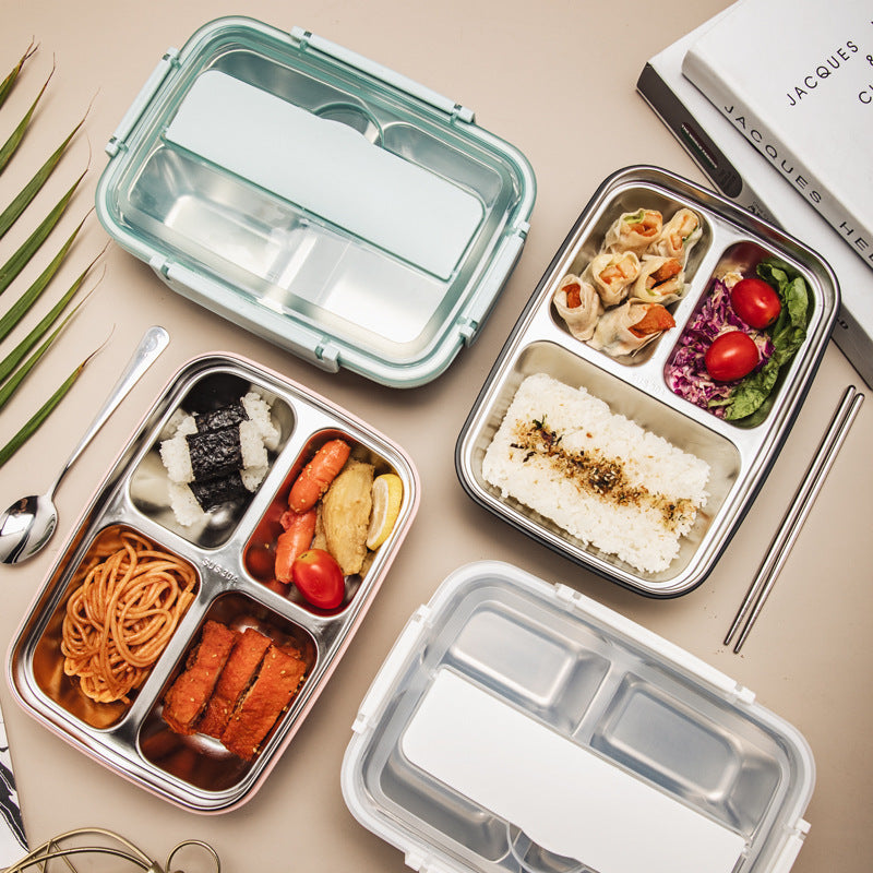 Bento storage box, 304 stainless steel partitioned lunch box, three-pack and four-pack large capacity, sealed and leak-proof, tableware with chopsticks and spoons are super convenient, dining cover is used as a mobile phone stand, family dining is su