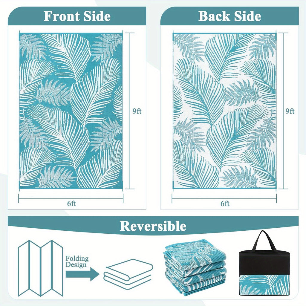 Durable Outdoor Mat That Is, Featuring a Reversible Design Made from Plastic Straw, Suitable for Patios, Camping, And Indoor Use in Rvs, Decks, Porches, Balconies, Backyards, And Picnics, in a Teal Leaf Pattern