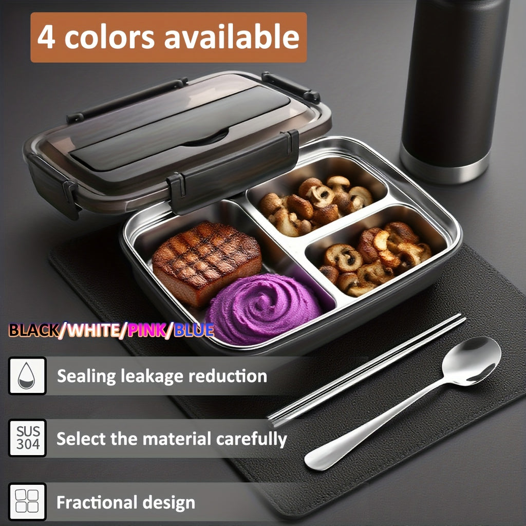 Bento storage box, 304 stainless steel partitioned lunch box, three-pack and four-pack large capacity, sealed and leak-proof, tableware with chopsticks and spoons are super convenient, dining cover is used as a mobile phone stand, family dining is su