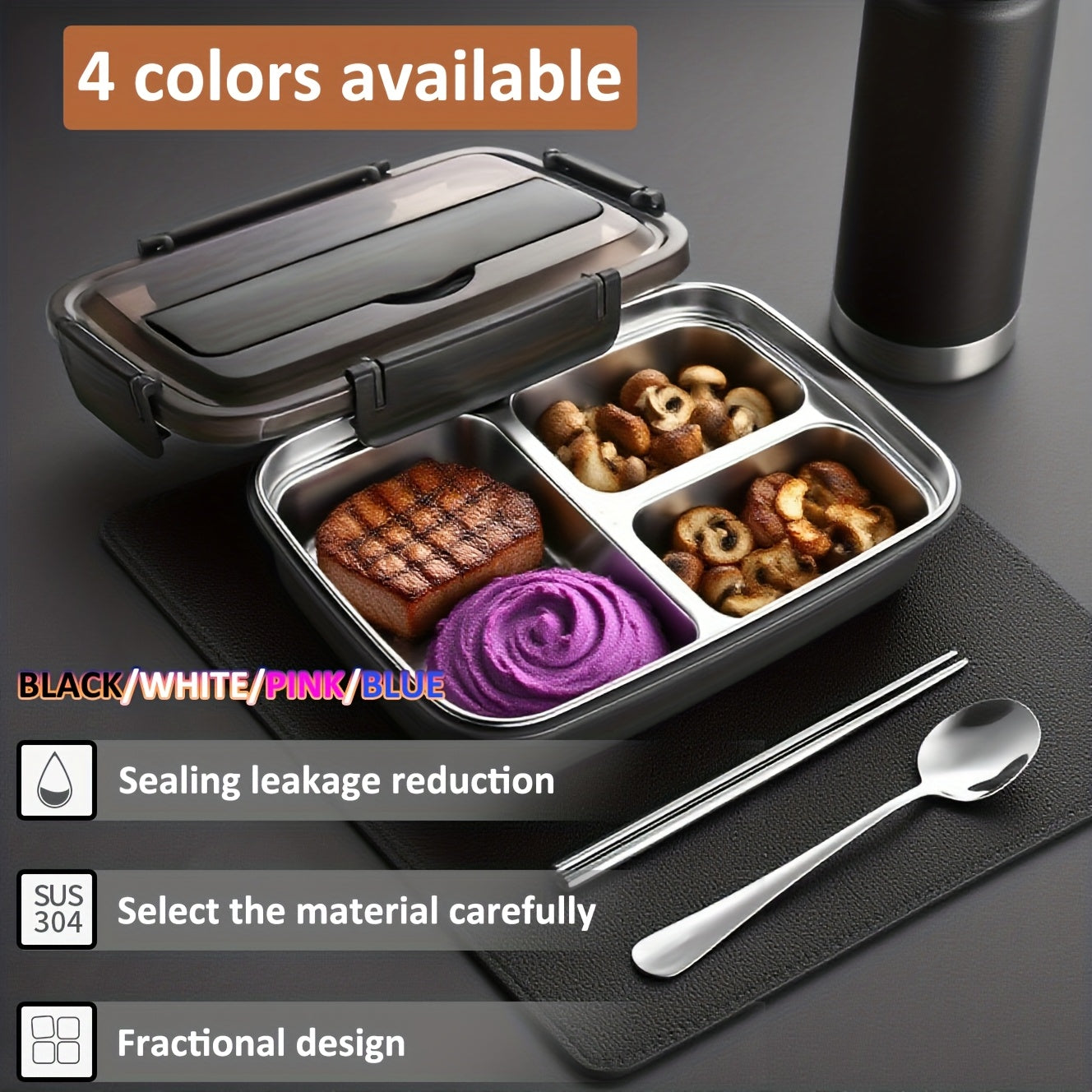 Bento storage box, 304 stainless steel partitioned lunch box, three-pack and four-pack large capacity, sealed and leak-proof, tableware with chopsticks and spoons are super convenient, dining cover is used as a mobile phone stand, family dining is su