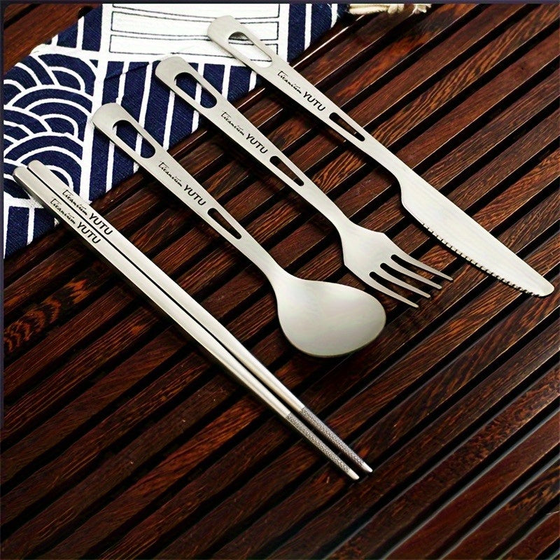 Durable titanium tableware set - Suitable for outdoor and household use, includes polished knives, forks, spoons, and chopsticks - Perfect for travel, camping, and portable picnics, lightweight and rust-resistant