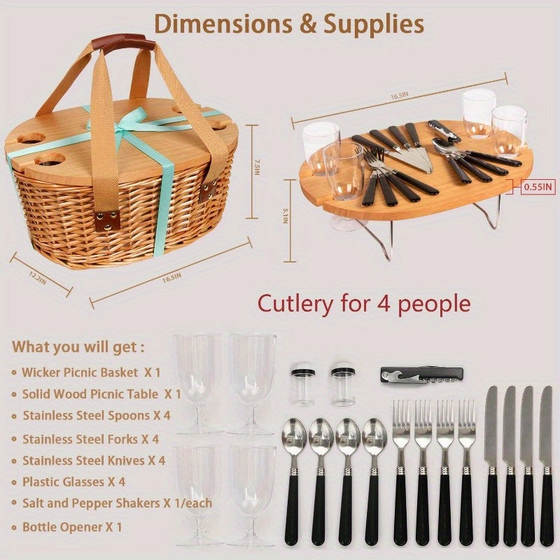 100% HandwovenWicker Picnic Basket Set for 2\u002F4 with Mini Folding Wine Picnic Table & Large Insulated Cooler Bag & Cutlery Service Kits for 2\u002F4 Person, Couples Gifts, Wedding Gifts, Christmas Gift