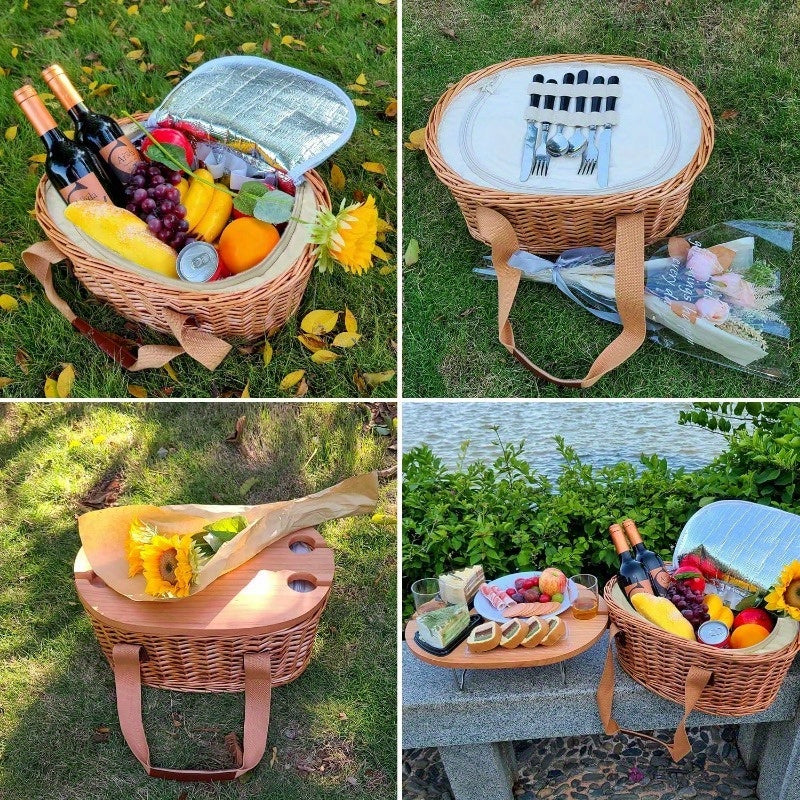 100% HandwovenWicker Picnic Basket Set for 2\u002F4 with Mini Folding Wine Picnic Table & Large Insulated Cooler Bag & Cutlery Service Kits for 2\u002F4 Person, Couples Gifts, Wedding Gifts, Christmas Gift