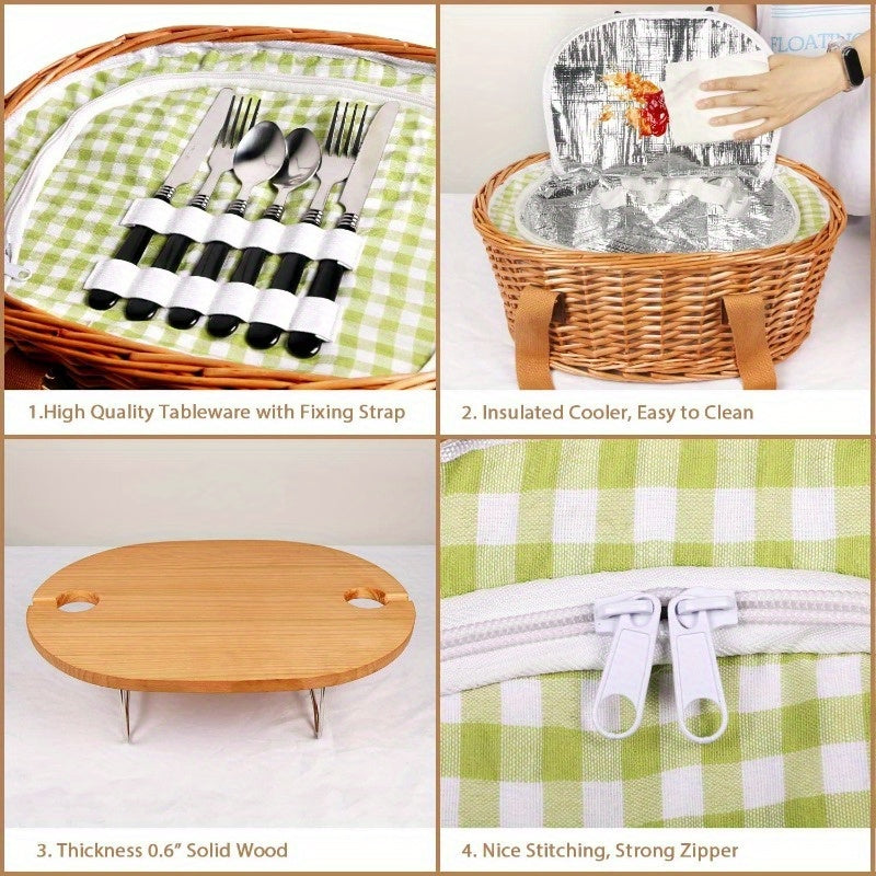 100% HandwovenWicker Picnic Basket Set for 2\u002F4 with Mini Folding Wine Picnic Table & Large Insulated Cooler Bag & Cutlery Service Kits for 2\u002F4 Person, Couples Gifts, Wedding Gifts, Christmas Gift