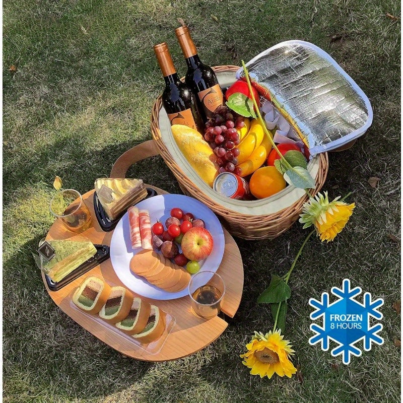 100% HandwovenWicker Picnic Basket Set for 2\u002F4 with Mini Folding Wine Picnic Table & Large Insulated Cooler Bag & Cutlery Service Kits for 2\u002F4 Person, Couples Gifts, Wedding Gifts, Christmas Gift