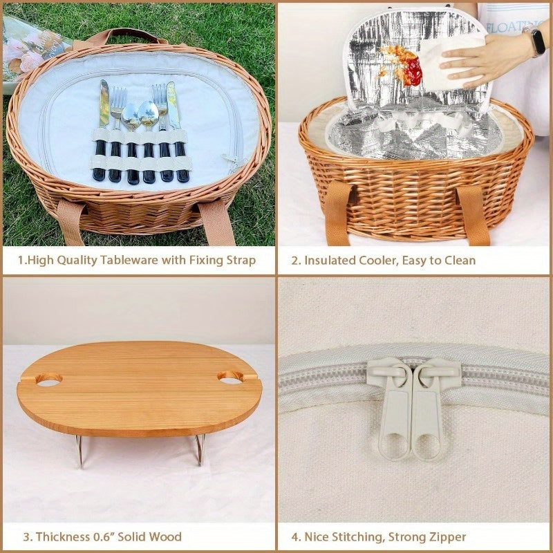 100% HandwovenWicker Picnic Basket Set for 2\u002F4 with Mini Folding Wine Picnic Table & Large Insulated Cooler Bag & Cutlery Service Kits for 2\u002F4 Person, Couples Gifts, Wedding Gifts, Christmas Gift