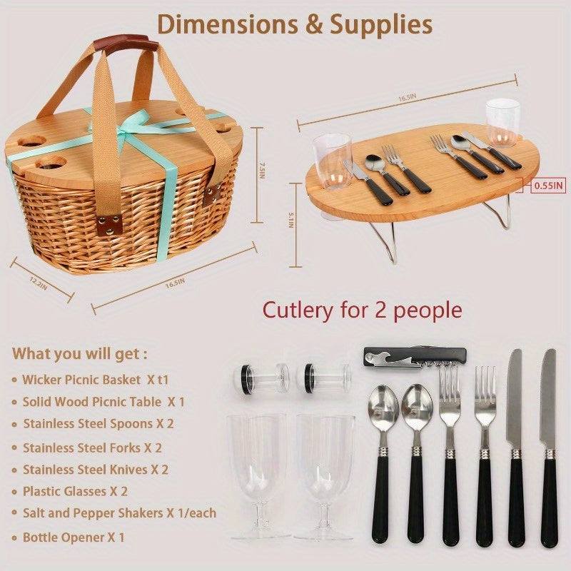 100% HandwovenWicker Picnic Basket Set for 2\u002F4 with Mini Folding Wine Picnic Table & Large Insulated Cooler Bag & Cutlery Service Kits for 2\u002F4 Person, Couples Gifts, Wedding Gifts, Christmas Gift