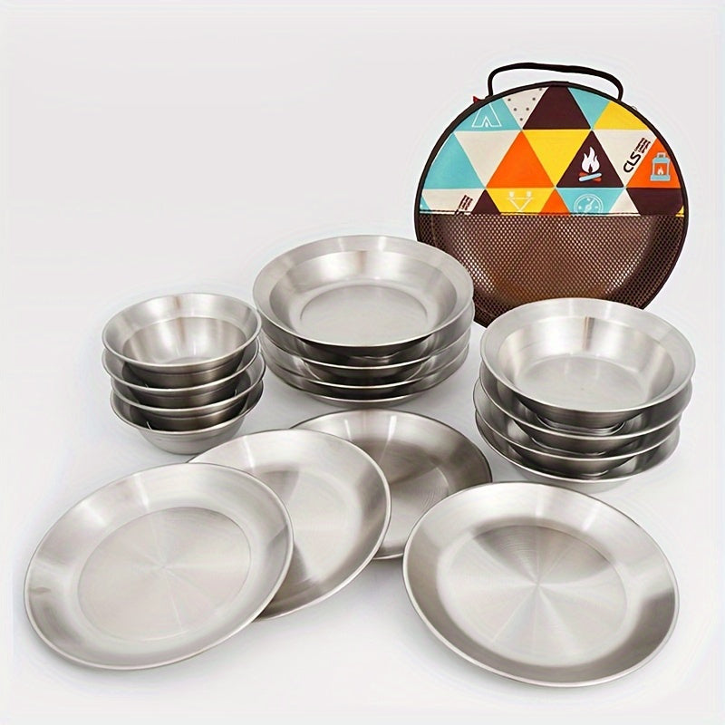16 PCs\u002FSet Outdoor Tableware Set: Stainless Steel BBQ Picnic Plate, Bowl, Tableware and Storage Bag-Perfect for Camping Plastic Cutlery Set with Napkin, Ramadan Supplies