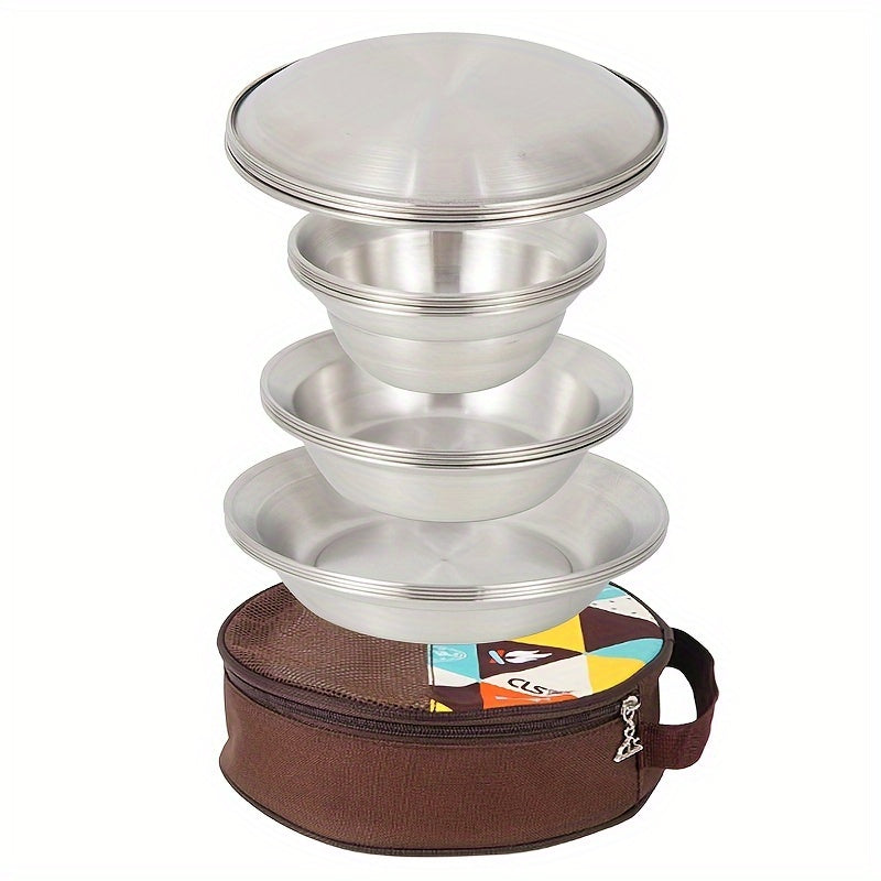 16 PCs\u002FSet Outdoor Tableware Set: Stainless Steel BBQ Picnic Plate, Bowl, Tableware and Storage Bag-Perfect for Camping Plastic Cutlery Set with Napkin, Ramadan Supplies