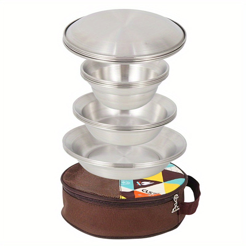 16 PCs\u002FSet Outdoor Tableware Set: Stainless Steel BBQ Picnic Plate, Bowl, Tableware and Storage Bag-Perfect for Camping Plastic Cutlery Set with Napkin, Ramadan Supplies
