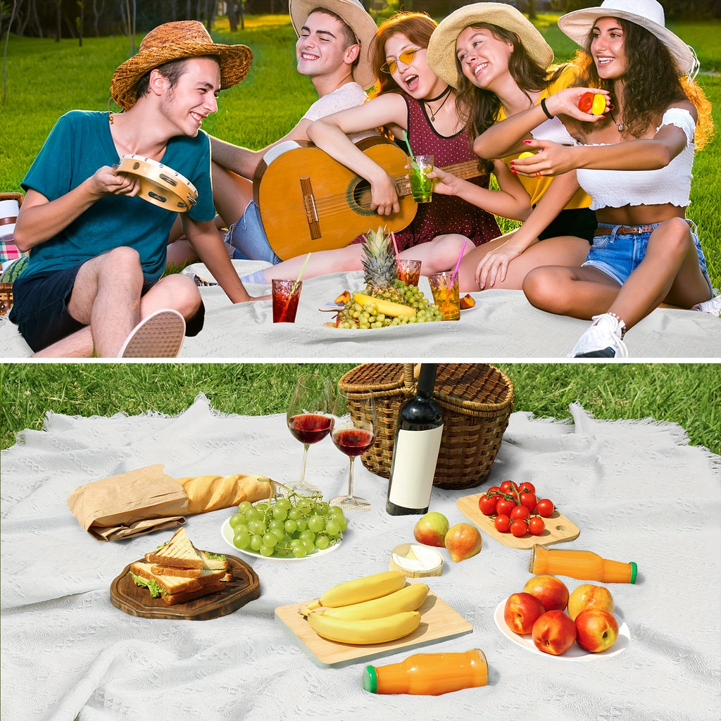 Extra Large Outdoor Picnic Blanket Measuring 91 by 71 Inches, Made from Woven Cotton Yarn. This Oversized Beach Blanket Features Fringe And a Bohemian Design, Is Machine Washable, Sandproof, And Portable Non-Food Direct Contact