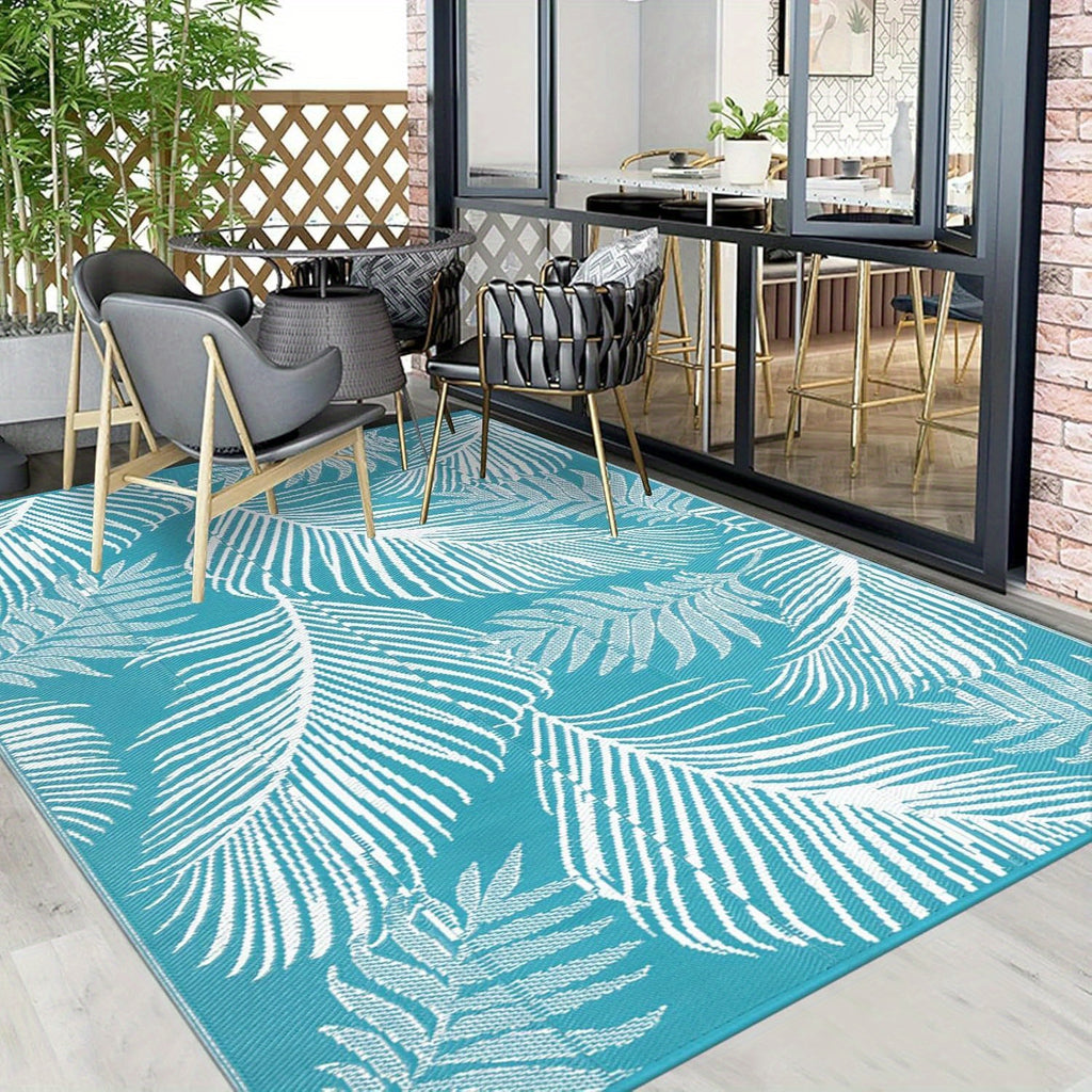 Durable Outdoor Mat That Is, Featuring a Reversible Design Made from Plastic Straw, Suitable for Patios, Camping, And Indoor Use in Rvs, Decks, Porches, Balconies, Backyards, And Picnics, in a Teal Leaf Pattern