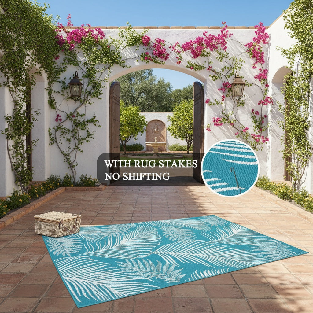 Durable Outdoor Mat That Is, Featuring a Reversible Design Made from Plastic Straw, Suitable for Patios, Camping, And Indoor Use in Rvs, Decks, Porches, Balconies, Backyards, And Picnics, in a Teal Leaf Pattern