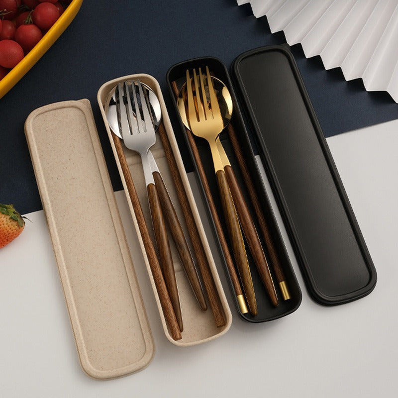 4pcs 304 Stainless Steel Wooden Handle Cutlery Set | Universal Thickened Polished Cutlery for Home, Camping, Picnic, Restaurant | Hygienic Rust-Proof Chopsticks, Portable