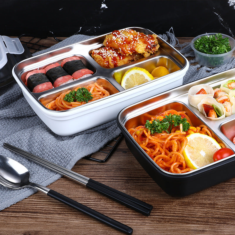 Bento storage box, 304 stainless steel partitioned lunch box, three-pack and four-pack large capacity, sealed and leak-proof, tableware with chopsticks and spoons are super convenient, dining cover is used as a mobile phone stand, family dining is su