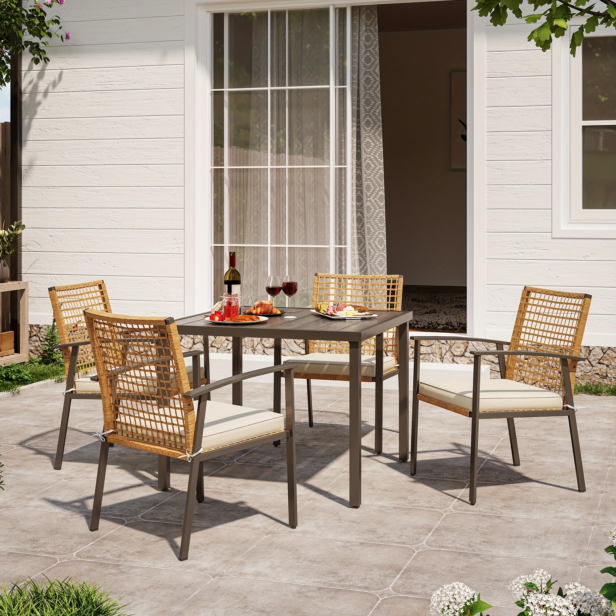 LAUSAINT HOME 5 Pieces Outdoor Patio Dining Set, Wicker Patio Furniture Set of 4 Chairs with Soft Cushion and Square Table with Umbrella Hole, Conversation Set for Backyard, Garden and Poolside (outdoor only)