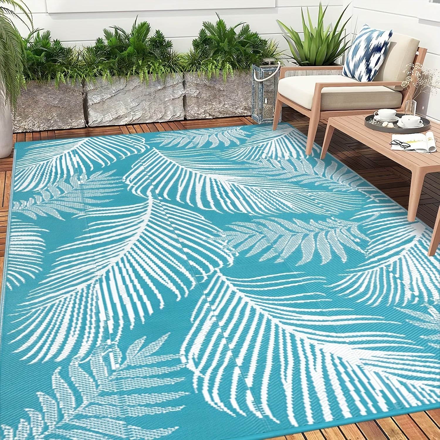Durable Outdoor Mat That Is, Featuring a Reversible Design Made from Plastic Straw, Suitable for Patios, Camping, And Indoor Use in Rvs, Decks, Porches, Balconies, Backyards, And Picnics, in a Teal Leaf Pattern