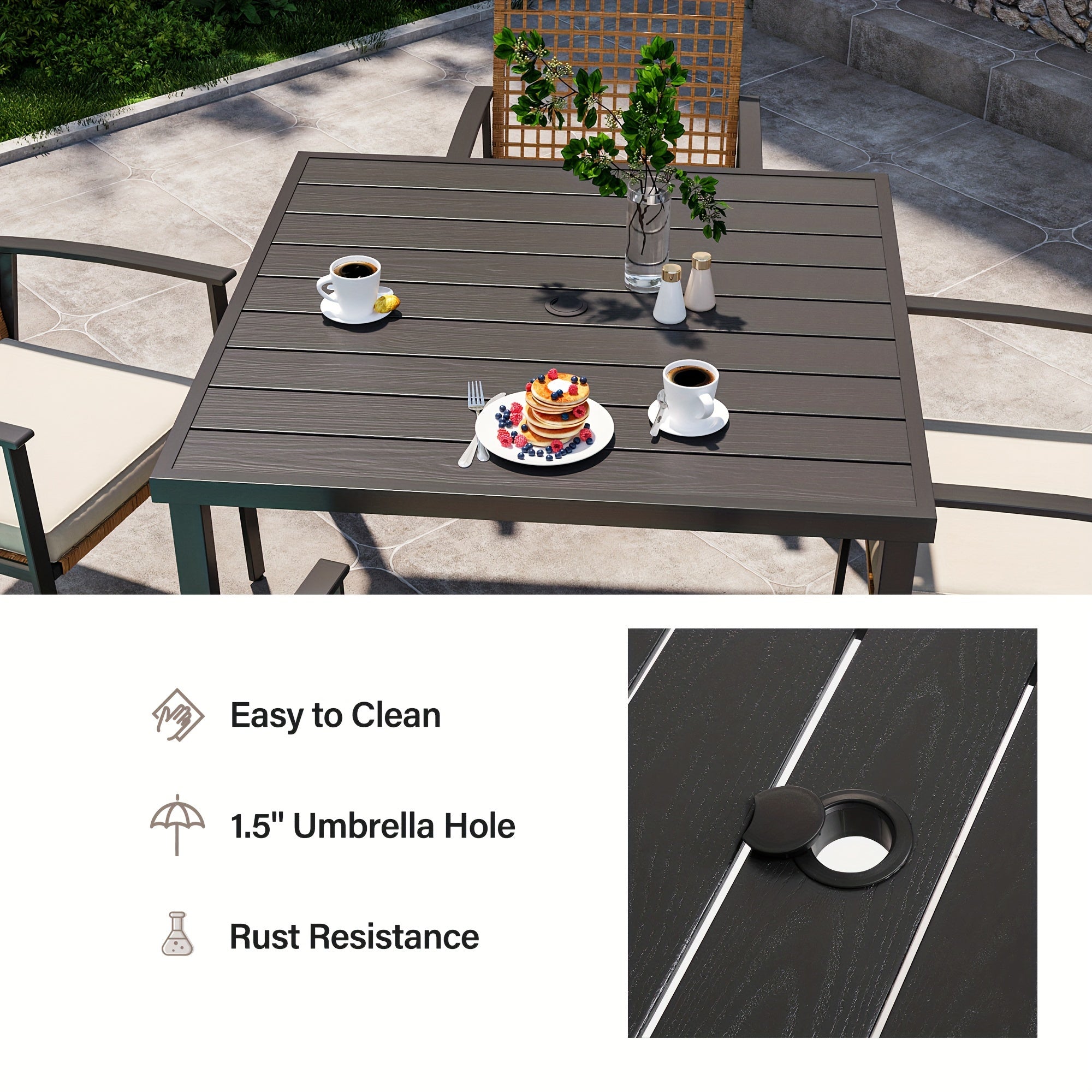LAUSAINT HOME 5 Pieces Outdoor Patio Dining Set, Wicker Patio Furniture Set of 4 Chairs with Soft Cushion and Square Table with Umbrella Hole, Conversation Set for Backyard, Garden and Poolside (outdoor only)