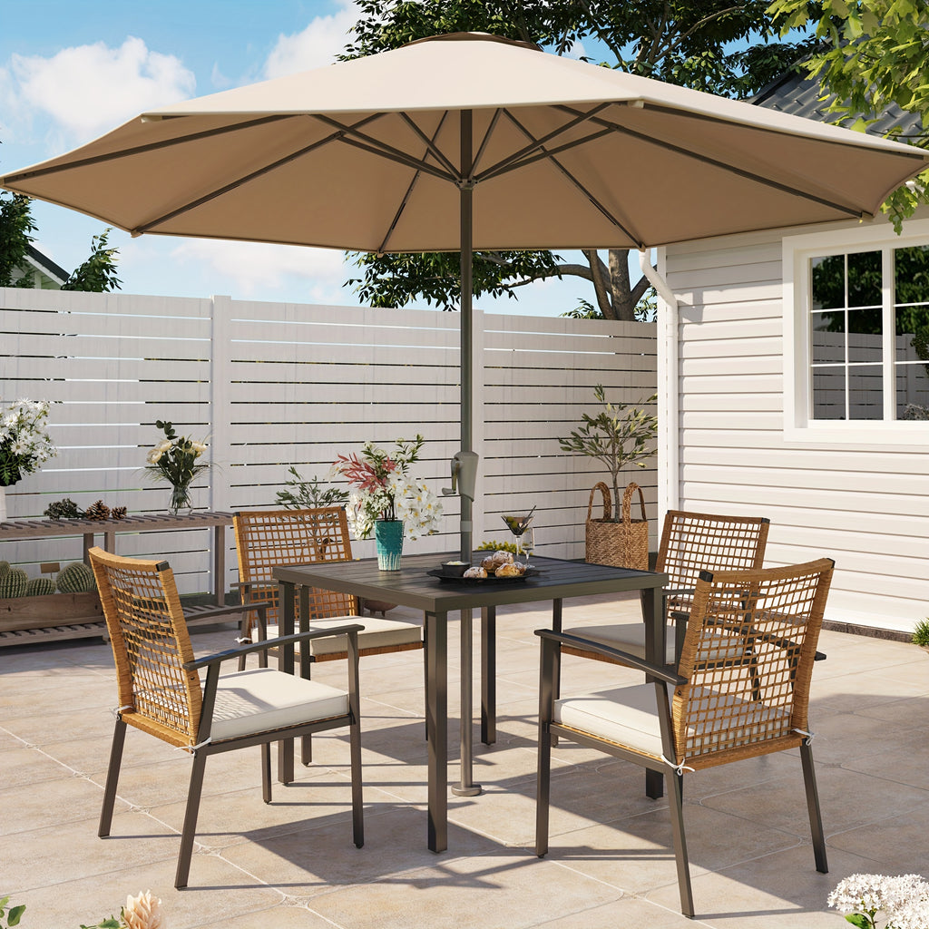 LAUSAINT HOME 5 Pieces Outdoor Patio Dining Set, Wicker Patio Furniture Set of 4 Chairs with Soft Cushion and Square Table with Umbrella Hole, Conversation Set for Backyard, Garden and Poolside (outdoor only)