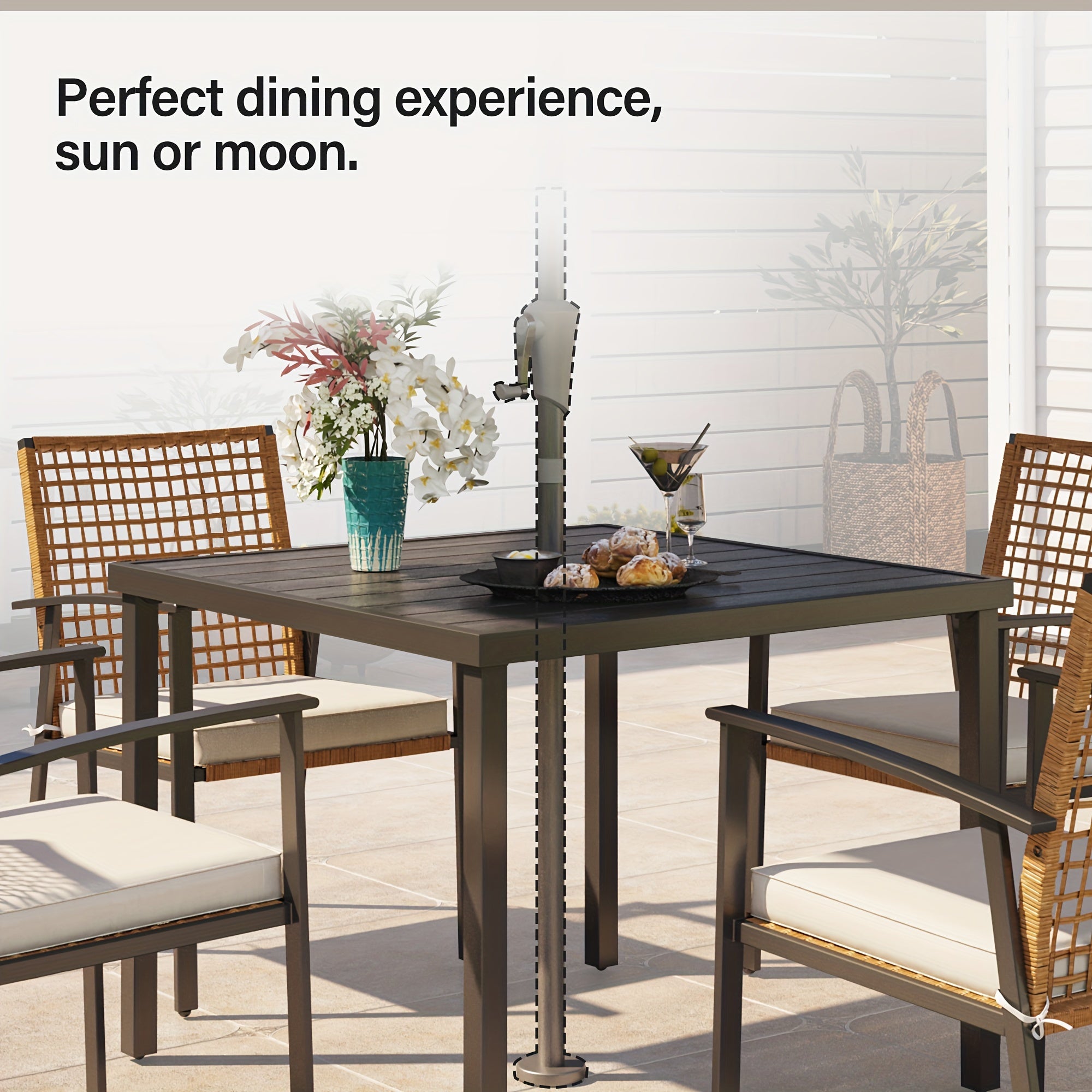 LAUSAINT HOME 5 Pieces Outdoor Patio Dining Set, Wicker Patio Furniture Set of 4 Chairs with Soft Cushion and Square Table with Umbrella Hole, Conversation Set for Backyard, Garden and Poolside (outdoor only)