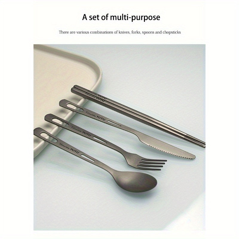 Durable titanium tableware set - Suitable for outdoor and household use, includes polished knives, forks, spoons, and chopsticks - Perfect for travel, camping, and portable picnics, lightweight and rust-resistant