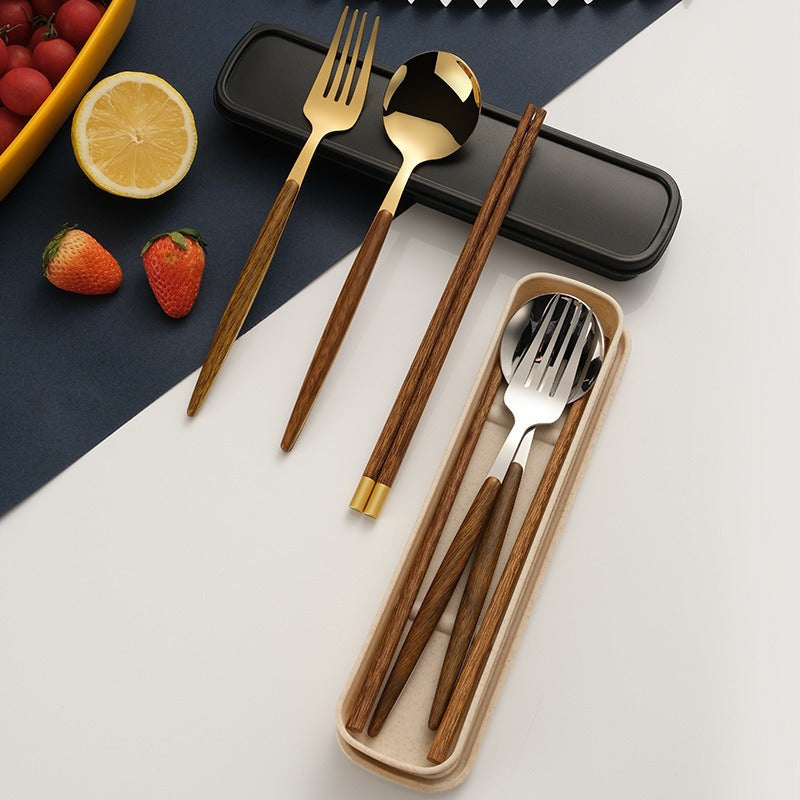 4pcs 304 Stainless Steel Wooden Handle Cutlery Set | Universal Thickened Polished Cutlery for Home, Camping, Picnic, Restaurant | Hygienic Rust-Proof Chopsticks, Portable