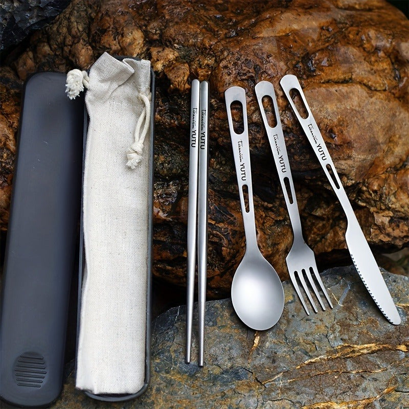 Durable titanium tableware set - Suitable for outdoor and household use, includes polished knives, forks, spoons, and chopsticks - Perfect for travel, camping, and portable picnics, lightweight and rust-resistant