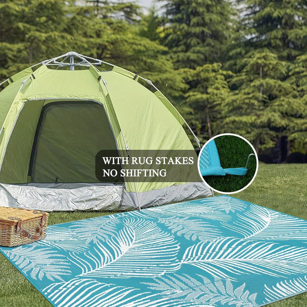 Durable Outdoor Mat That Is, Featuring a Reversible Design Made from Plastic Straw, Suitable for Patios, Camping, And Indoor Use in Rvs, Decks, Porches, Balconies, Backyards, And Picnics, in a Teal Leaf Pattern