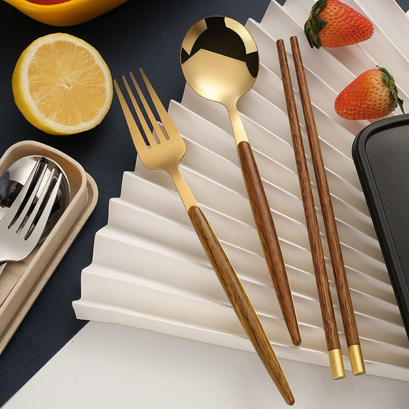 4pcs 304 Stainless Steel Wooden Handle Cutlery Set | Universal Thickened Polished Cutlery for Home, Camping, Picnic, Restaurant | Hygienic Rust-Proof Chopsticks, Portable