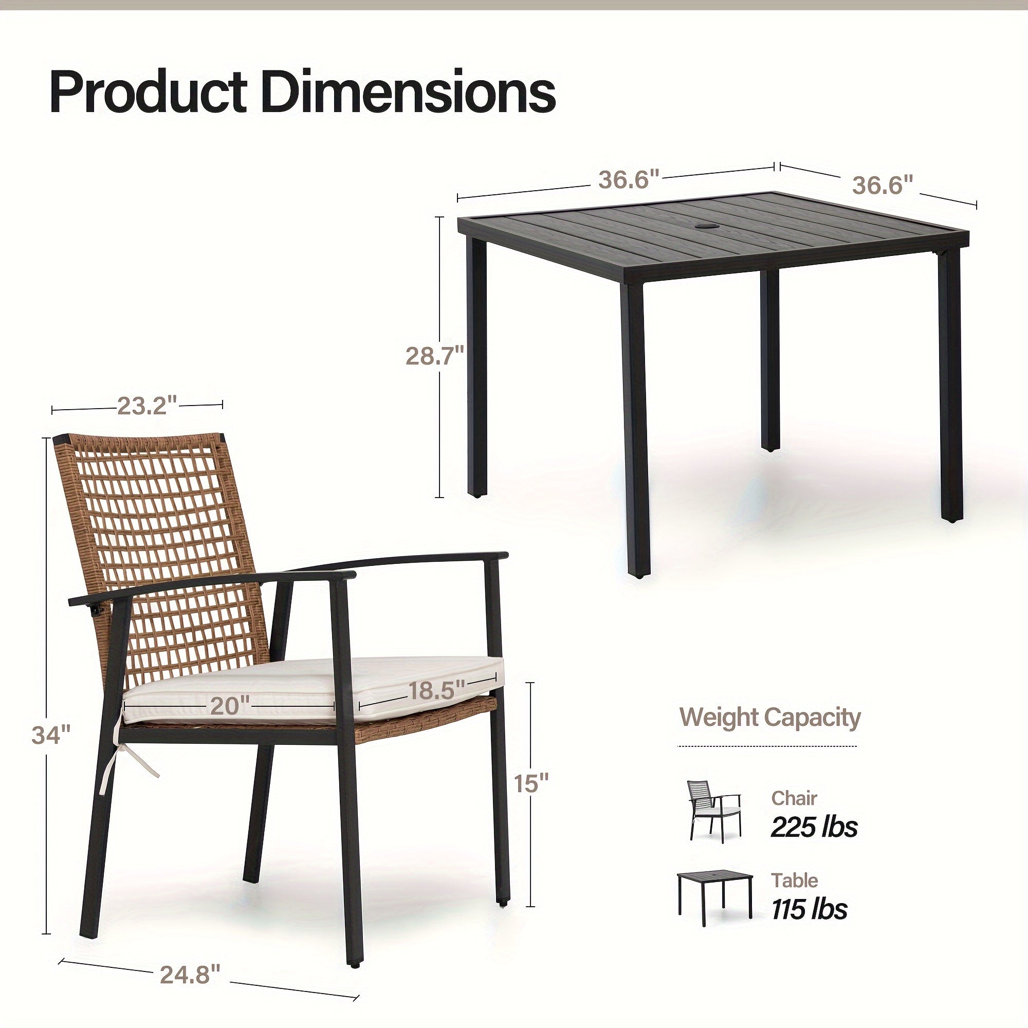 LAUSAINT HOME 5 Pieces Outdoor Patio Dining Set, Wicker Patio Furniture Set of 4 Chairs with Soft Cushion and Square Table with Umbrella Hole, Conversation Set for Backyard, Garden and Poolside (outdoor only)