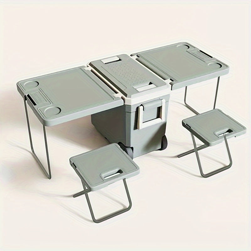 1pc 8.45gal Outdoor Cooler with Pulley Folding Table and 2pcs Folding Chairs