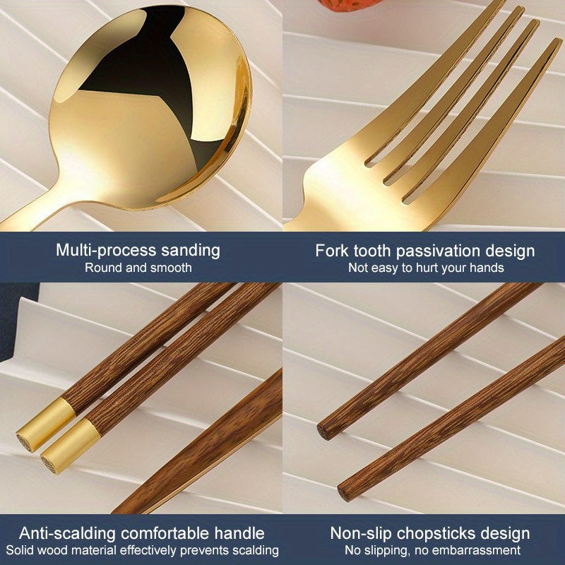 4pcs 304 Stainless Steel Wooden Handle Cutlery Set | Universal Thickened Polished Cutlery for Home, Camping, Picnic, Restaurant | Hygienic Rust-Proof Chopsticks, Portable