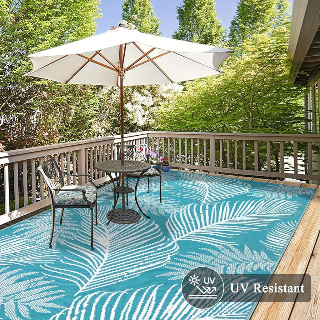 Durable Outdoor Mat That Is, Featuring a Reversible Design Made from Plastic Straw, Suitable for Patios, Camping, And Indoor Use in Rvs, Decks, Porches, Balconies, Backyards, And Picnics, in a Teal Leaf Pattern