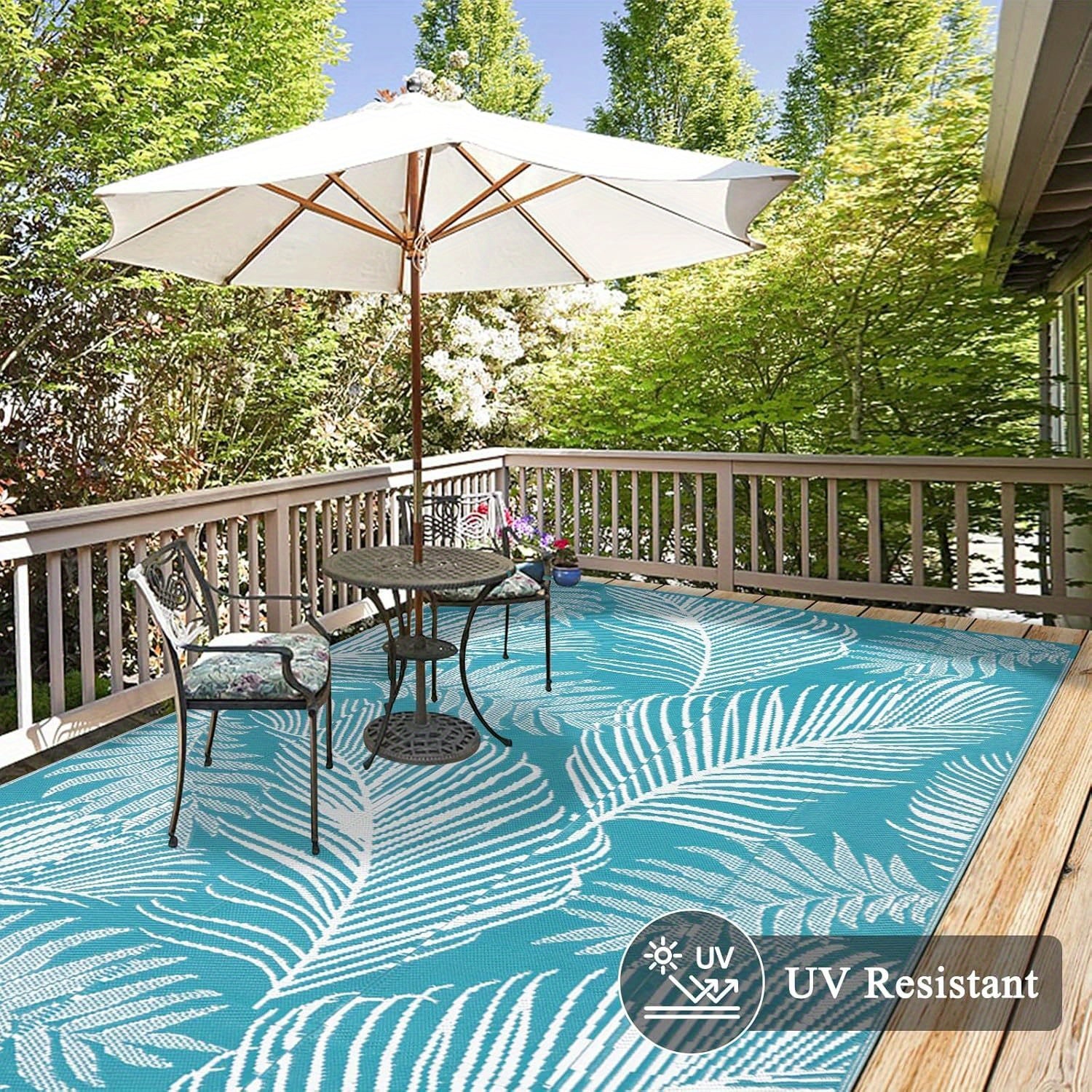 Durable Outdoor Mat That Is, Featuring a Reversible Design Made from Plastic Straw, Suitable for Patios, Camping, And Indoor Use in Rvs, Decks, Porches, Balconies, Backyards, And Picnics, in a Teal Leaf Pattern