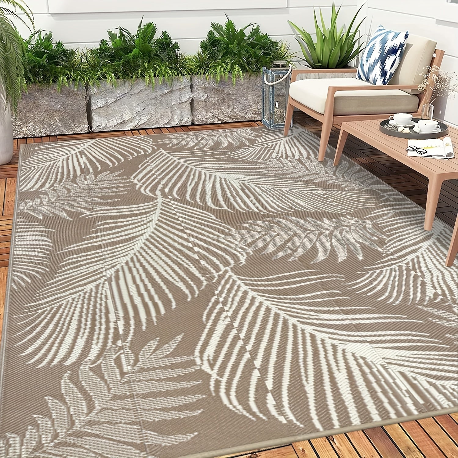 Durable Outdoor Mat That Is, Featuring a Reversible Design Made from Plastic Straw, Suitable for Patios, Camping, And Indoor Use in Rvs, Decks, Porches, Balconies, Backyards, And Picnics, in a Teal Leaf Pattern