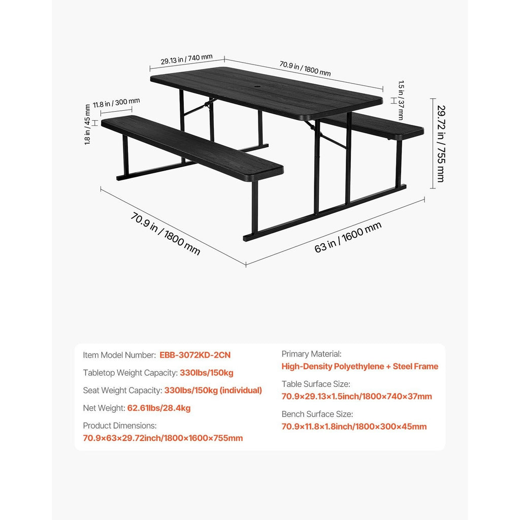 VEVOR Picnic Table Foldable Steel Camping Table Chair Garden Indoor Outdoor
