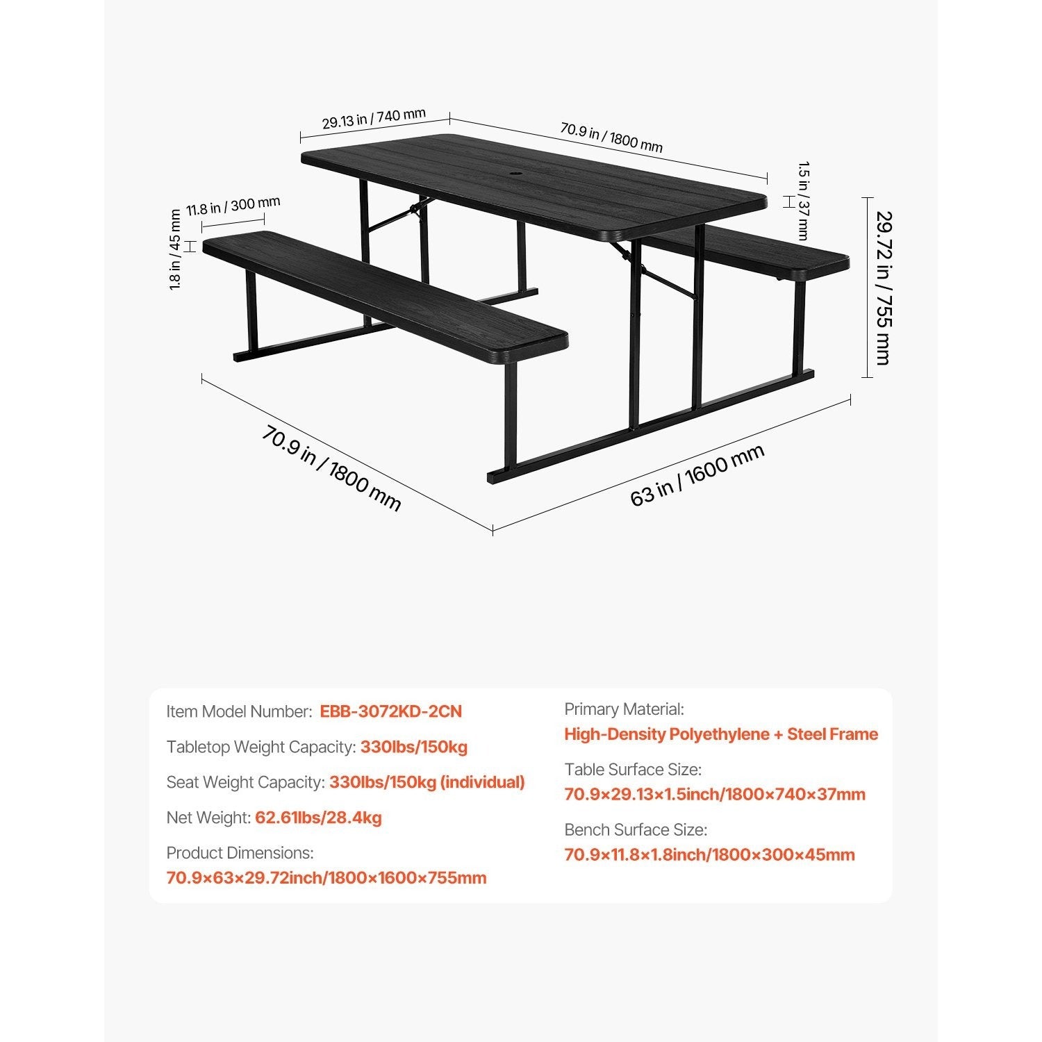 VEVOR Picnic Table Foldable Steel Camping Table Chair Garden Indoor Outdoor