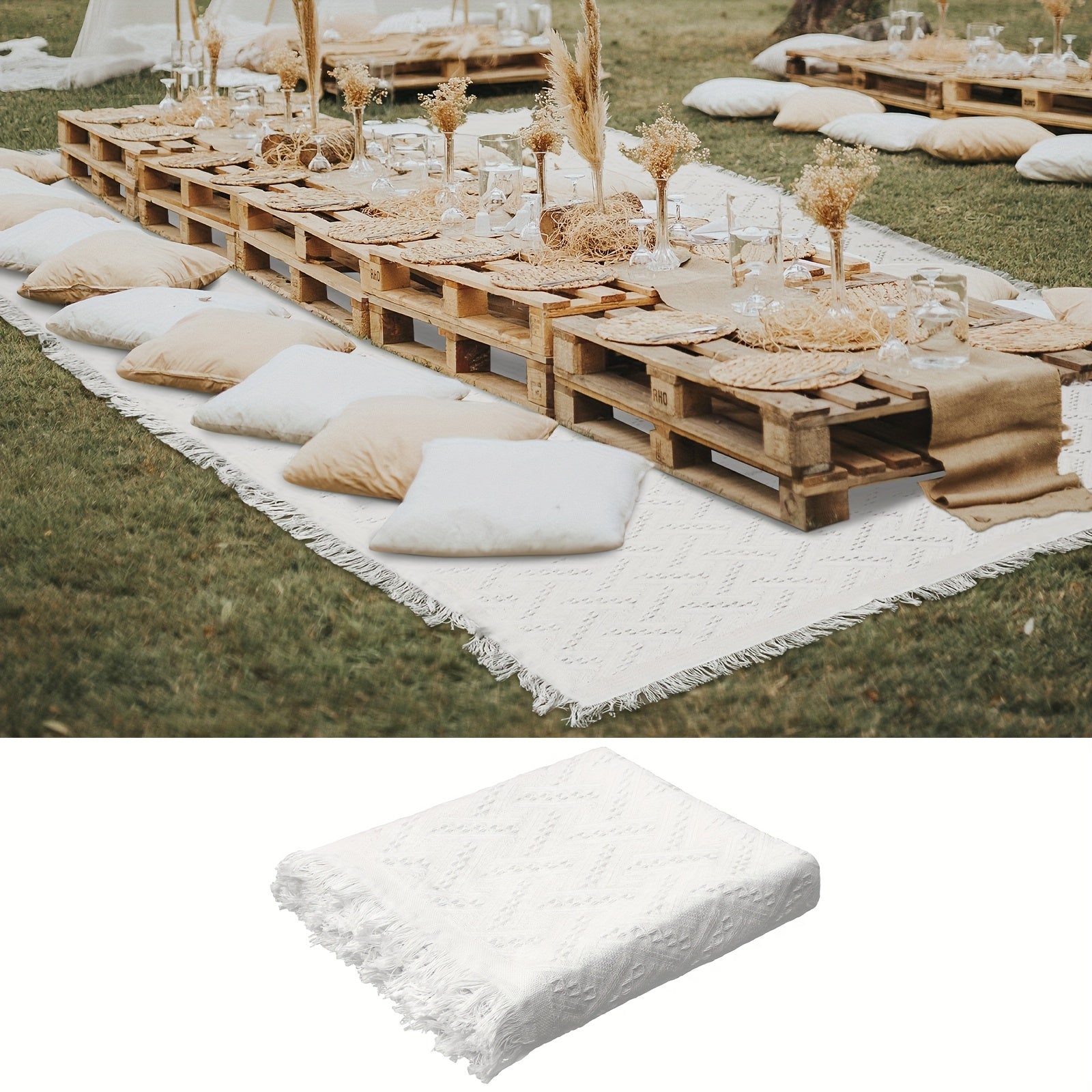 Extra Large Outdoor Picnic Blanket Measuring 91 by 71 Inches, Made from Woven Cotton Yarn. This Oversized Beach Blanket Features Fringe And a Bohemian Design, Is Machine Washable, Sandproof, And Portable Non-Food Direct Contact