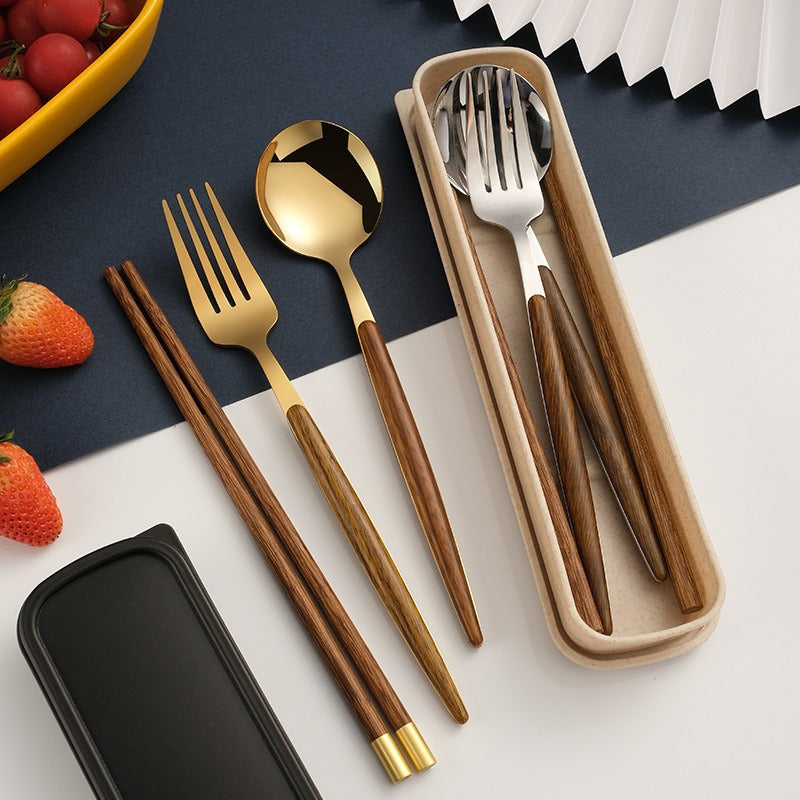 4pcs 304 Stainless Steel Wooden Handle Cutlery Set | Universal Thickened Polished Cutlery for Home, Camping, Picnic, Restaurant | Hygienic Rust-Proof Chopsticks, Portable