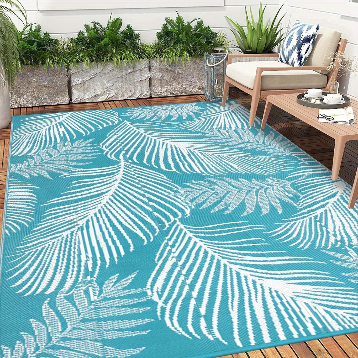 Durable Outdoor Mat That Is, Featuring a Reversible Design Made from Plastic Straw, Suitable for Patios, Camping, And Indoor Use in Rvs, Decks, Porches, Balconies, Backyards, And Picnics, in a Teal Leaf Pattern