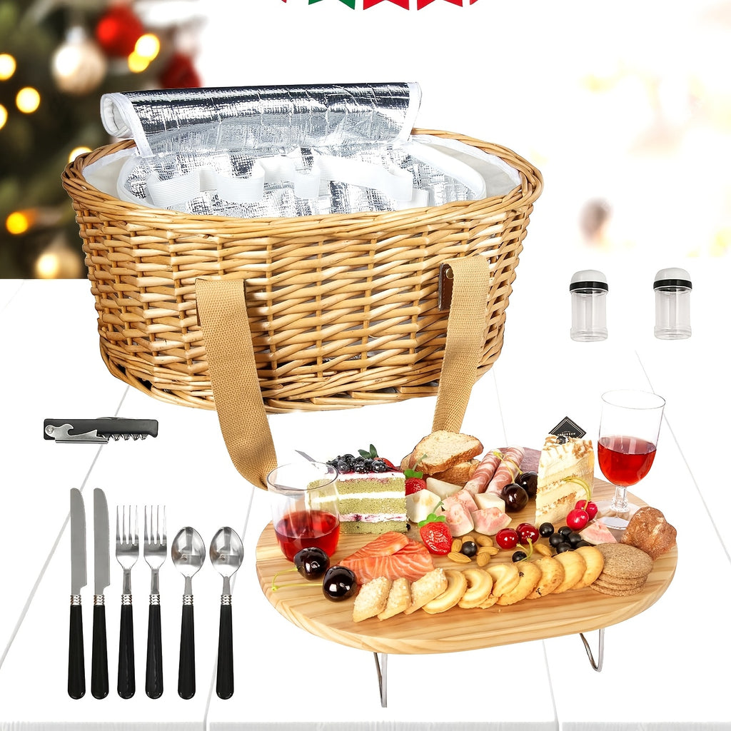 100% HandwovenWicker Picnic Basket Set for 2\u002F4 with Mini Folding Wine Picnic Table & Large Insulated Cooler Bag & Cutlery Service Kits for 2\u002F4 Person, Couples Gifts, Wedding Gifts, Christmas Gift