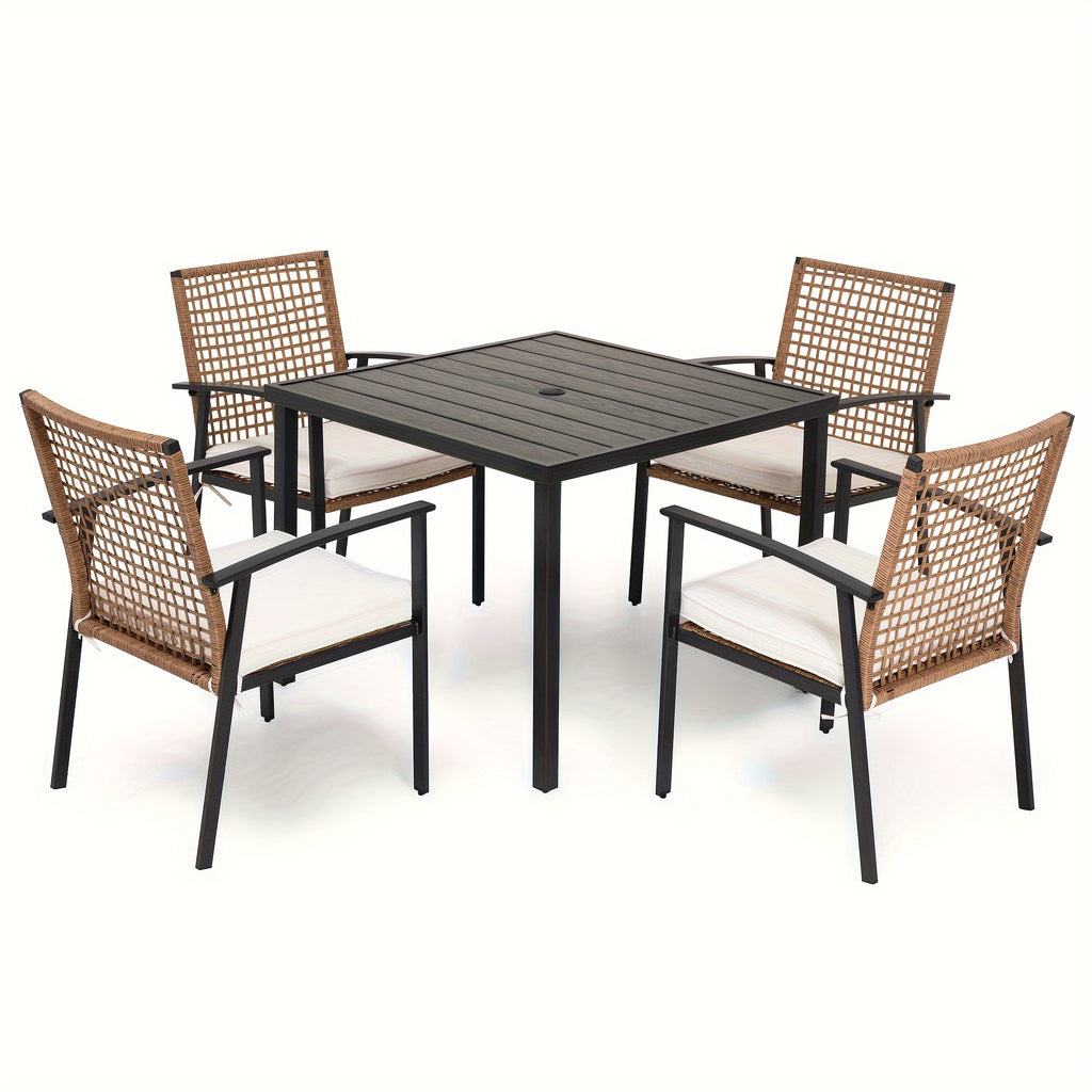 LAUSAINT HOME 5 Pieces Outdoor Patio Dining Set, Wicker Patio Furniture Set of 4 Chairs with Soft Cushion and Square Table with Umbrella Hole, Conversation Set for Backyard, Garden and Poolside (outdoor only)