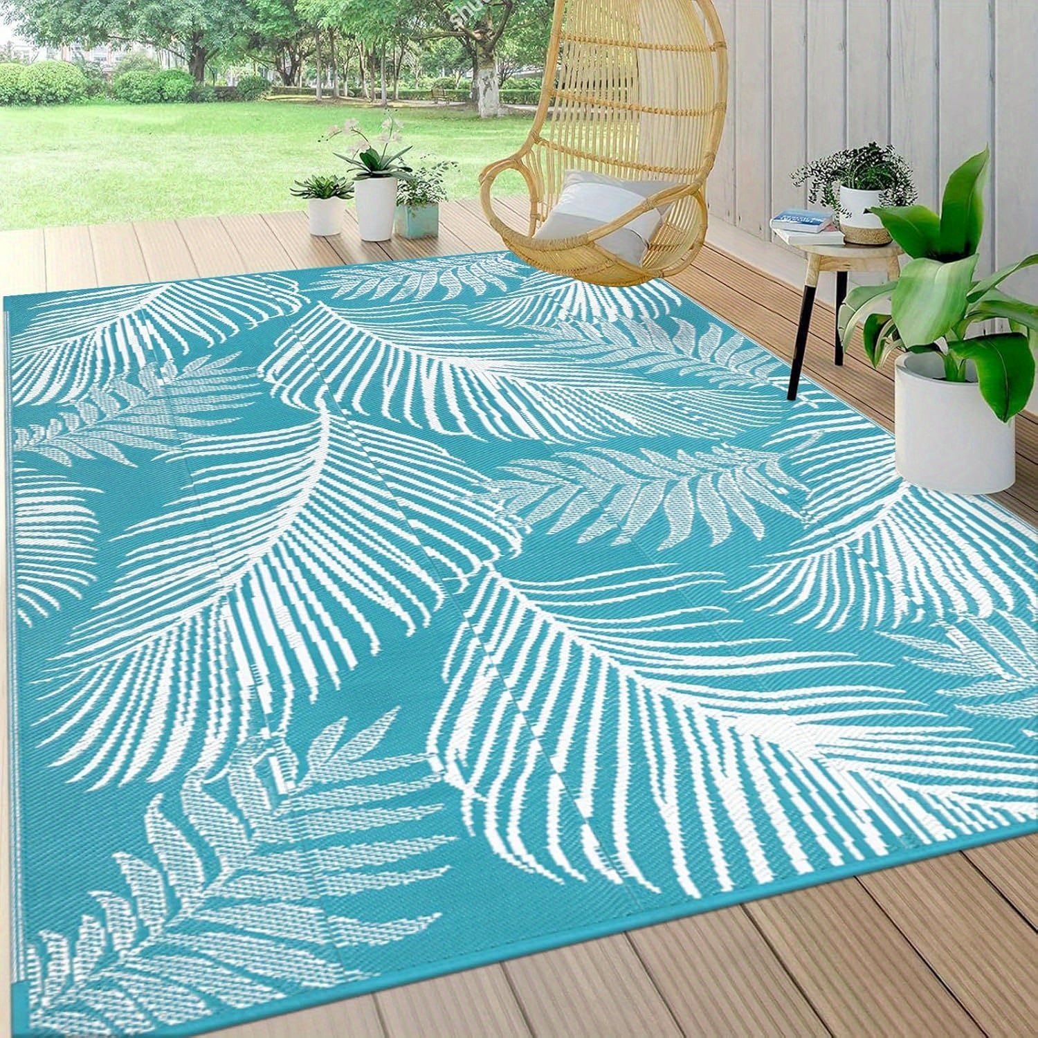 Durable Outdoor Mat That Is, Featuring a Reversible Design Made from Plastic Straw, Suitable for Patios, Camping, And Indoor Use in Rvs, Decks, Porches, Balconies, Backyards, And Picnics, in a Teal Leaf Pattern