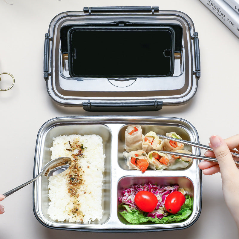 Bento storage box, 304 stainless steel partitioned lunch box, three-pack and four-pack large capacity, sealed and leak-proof, tableware with chopsticks and spoons are super convenient, dining cover is used as a mobile phone stand, family dining is su