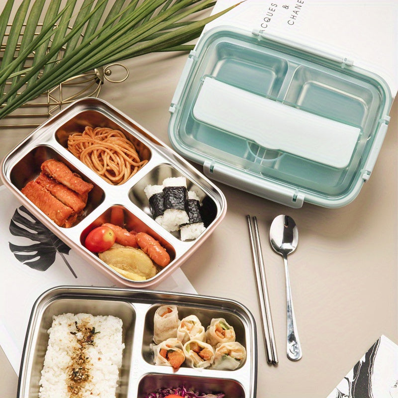Bento storage box, 304 stainless steel partitioned lunch box, three-pack and four-pack large capacity, sealed and leak-proof, tableware with chopsticks and spoons are super convenient, dining cover is used as a mobile phone stand, family dining is su