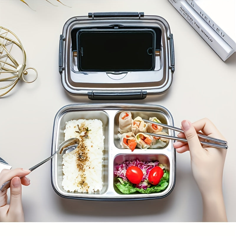Bento storage box, 304 stainless steel partitioned lunch box, three-pack and four-pack large capacity, sealed and leak-proof, tableware with chopsticks and spoons are super convenient, dining cover is used as a mobile phone stand, family dining is su